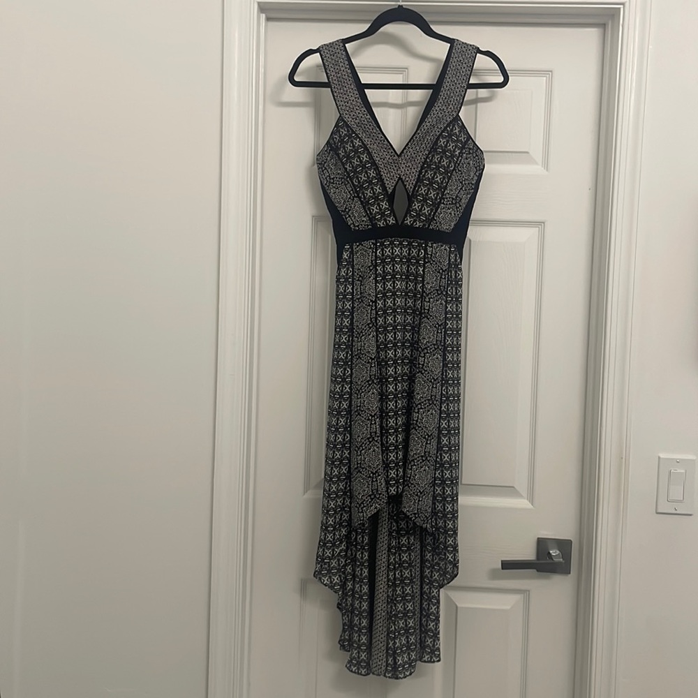 BCBG black geometric, mixed print, cut out dress
